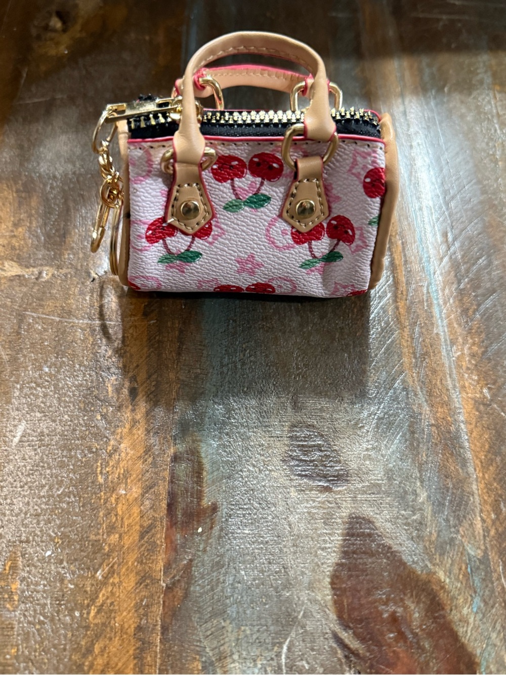 Cherry Print Mini Satchel Bag Charm Coin Pouch Crossbody Keychain Pink NWOT